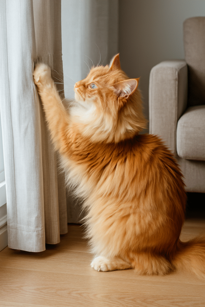Gato de angora rascando las cortinas